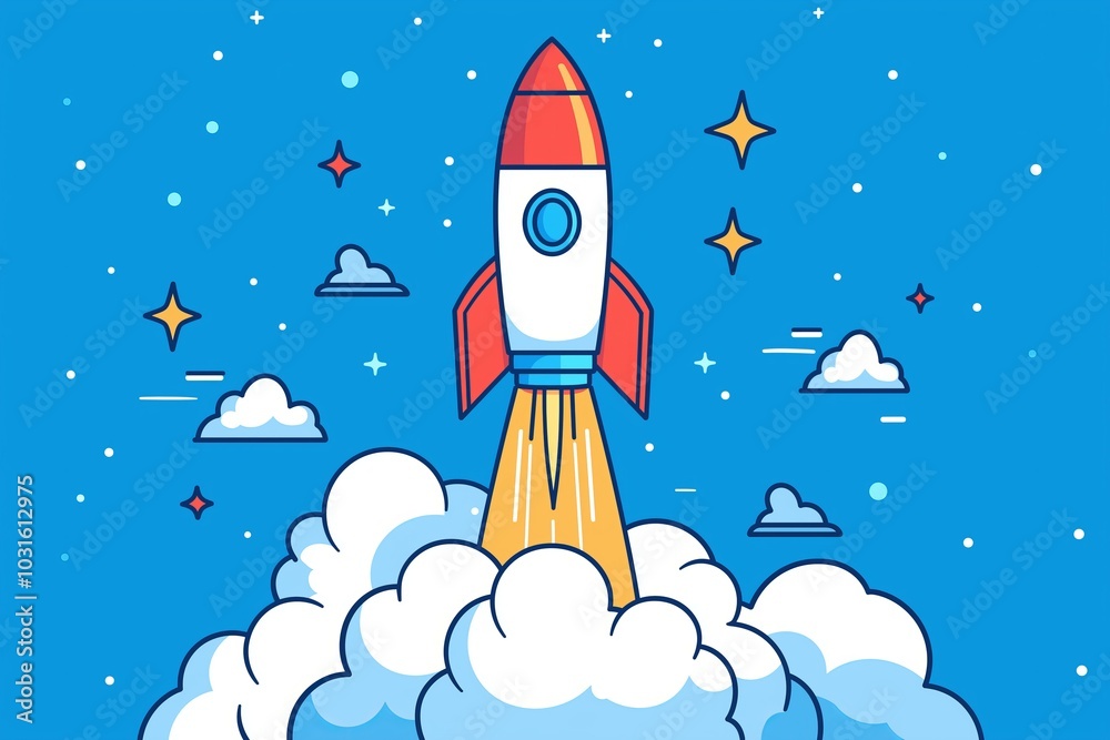 A rocket launches into the starry night sky from its launch pad surrounded by clouds A rocket launches into the starry night sky from its launch pad surrounded by clouds