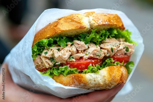 Tuna salad sandwich in a paper wrapper. Perfect for a quick and healthy lunch.