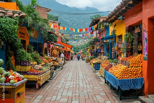 Vibrant market street with colorful buildings and fresh produce stalls in South America