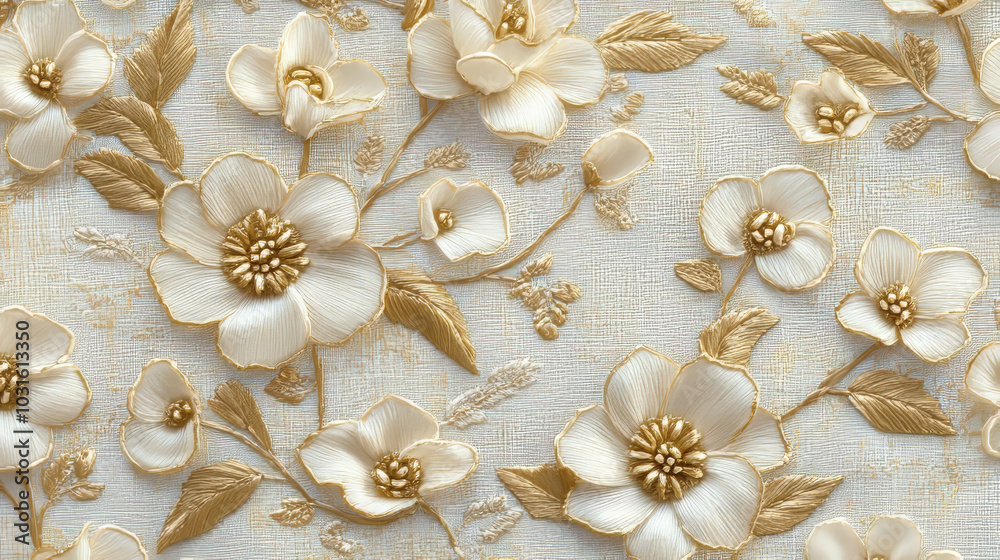 A beautiful pattern with gold flower embroidery. It's perfect for adding a touch of elegance to fabric designs. A beautiful pattern with gold flower embroidery. It's perfect for adding a touch of elegance to fabric designs.
