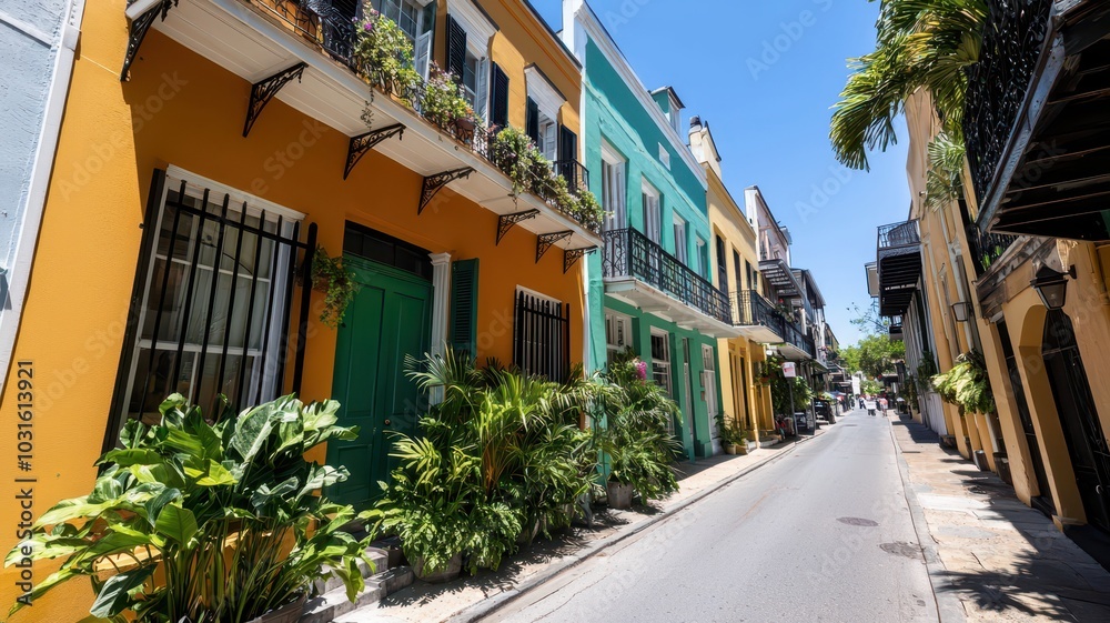 Fototapeta premium Vibrant street lined with colorful houses featuring large windows and lush greenery, exuding charm and character.
