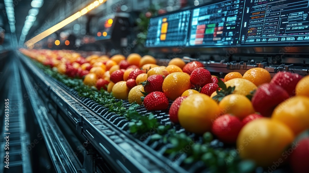 A conveyor belt with a line of fresh lemons and strawberries in a modern automated factory. A conveyor belt with a line of fresh lemons and strawberries in a modern automated factory.