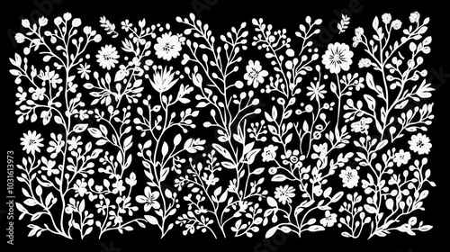 A delicate white lace pattern with small branches, wild herbs, and tiny field flowers. This ornate design is perfect for traditional folk fashion, especially as a patch on a black background.