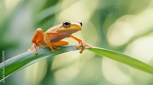 A small orange frog sits on a green leaf with a blurred background of more greenery.