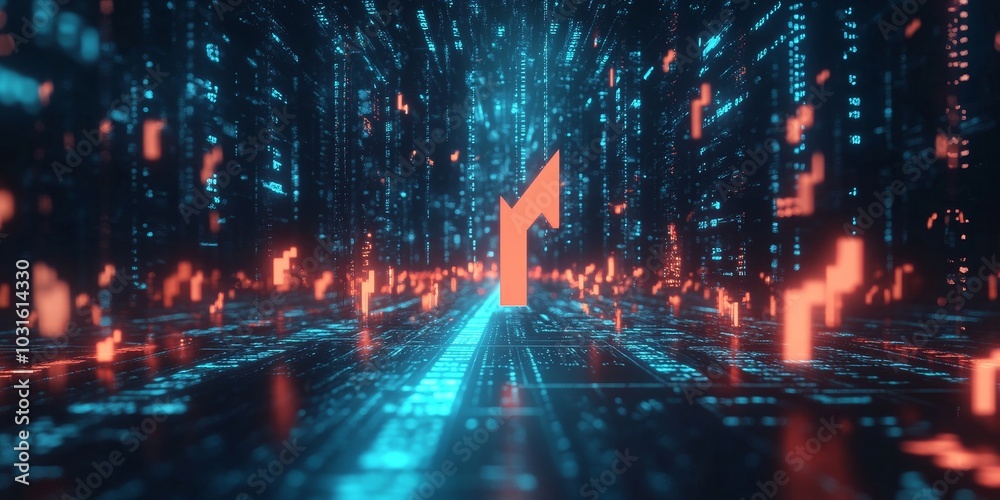 Fototapeta premium Virtual digital arrow up, financial growth, interest rate increase, inflation, high modern banner, Generative AI