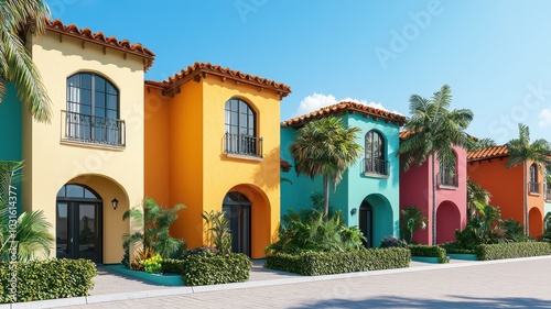 Vibrant street lined with colorful houses featuring large windows and lush greenery, exuding charm and character.