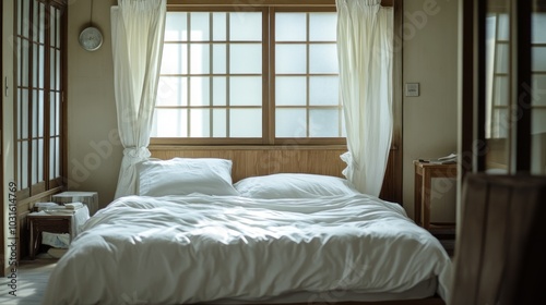 A White Bed with Wrinkled Sheets in a Bedroom with a Wooden Window and Wooden Doors