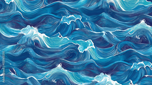 A repeating pattern of blue and turquoise waves, perfect for fabric or other designs.