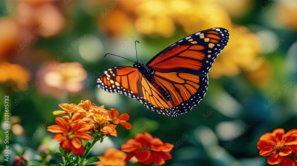 A monarch butterfly in flight, with its wings spread wide, over a bed of orange flowers. A monarch butterfly in flight, with its wings spread wide, over a bed of orange flowers.