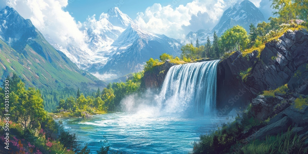 Fototapeta premium A waterfall plunges into a serene lake, nestled amidst snow-capped