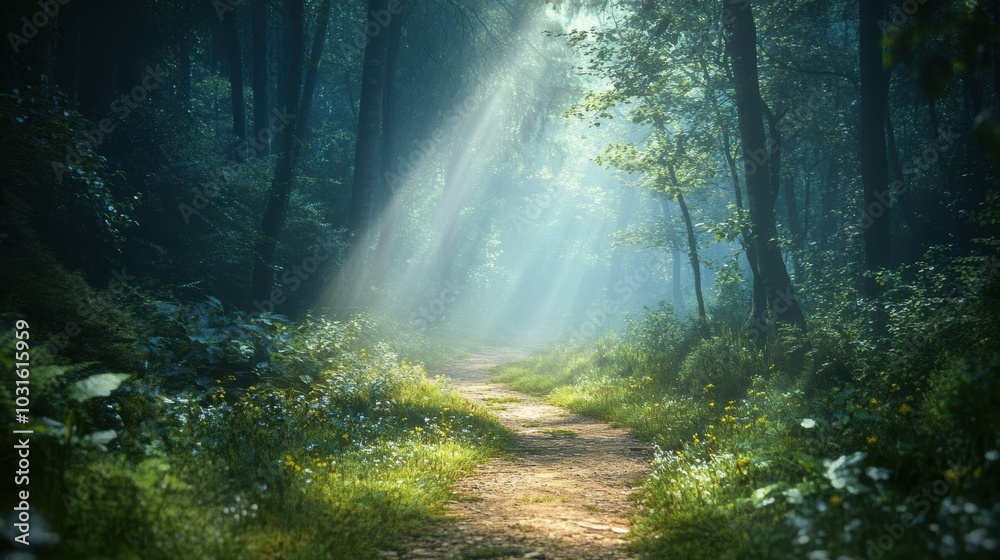 Obraz premium Sunlight beams through misty forest path.