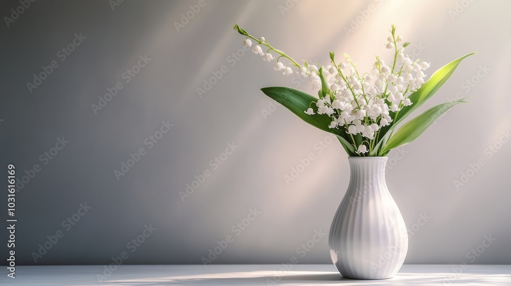 A bouquet of lily of the valley in a white vase with sunlight streaming through a window. A bouquet of lily of the valley in a white vase with sunlight streaming through a window.