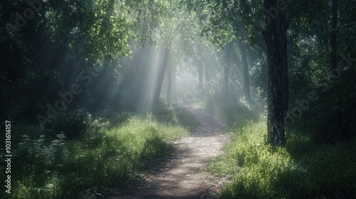 Sunbeams through a foggy forest path.