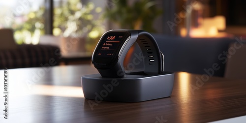 Smartwatch charging on a wooden table.