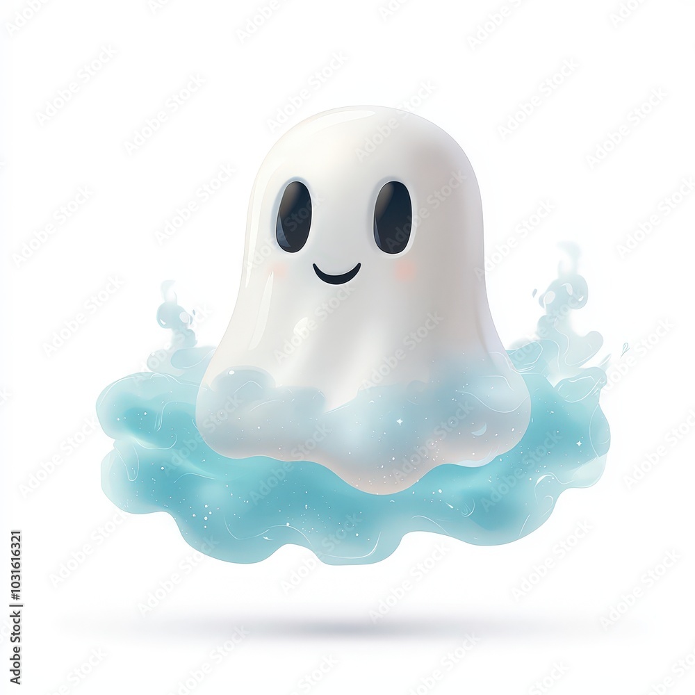 Cute Cartoon Ghost Floating on Blue Cloud   Halloween Illustration
