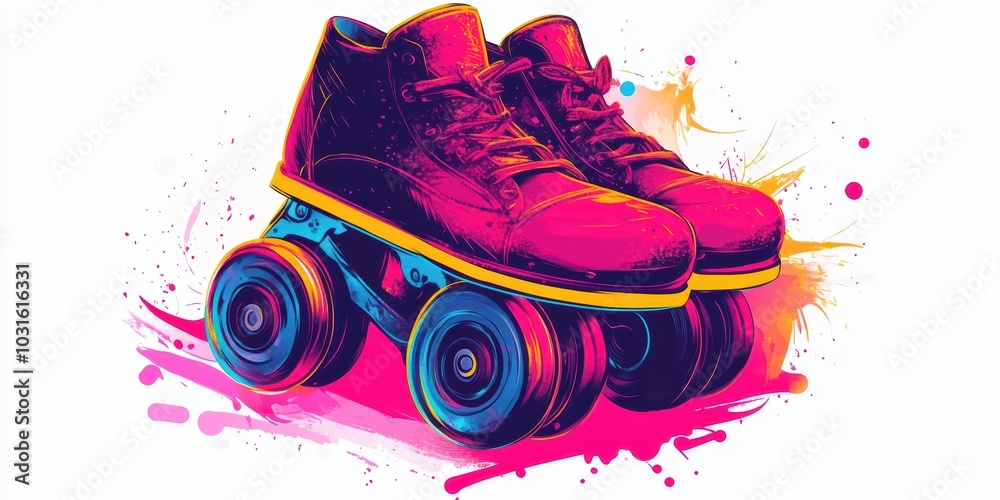 Obraz premium Colorful roller skates with paint splatter.