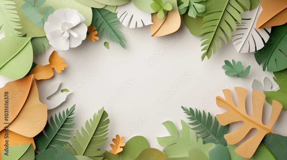 Fototapeta premium Vibrant paper leaves and flowers arranged in a decorative frame on a neutral background.