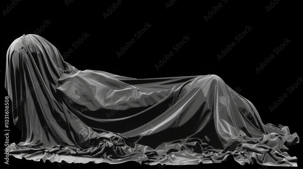 A figure covered entirely by a dark draped cloth, reclining in a mysterious and abstract artistic pose
A figure covered entirely by a dark draped cloth, reclining in a mysterious and abstract artistic pose