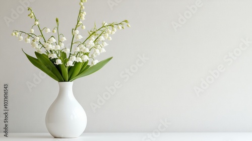 A bouquet of lily of the valley flowers in a white vase on a white table against a white wall.