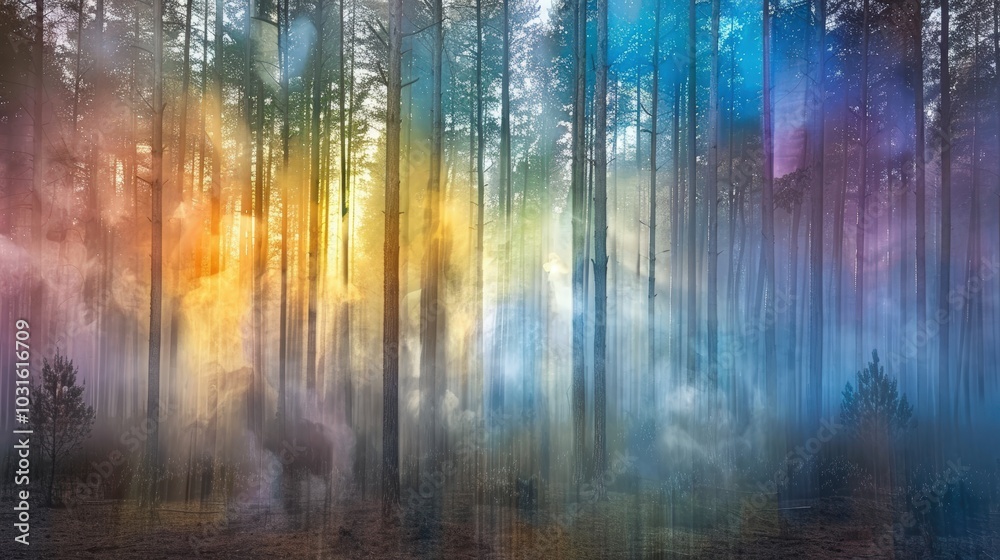Fototapeta premium Enchanted Forest with Colorful Mist and Light Effects