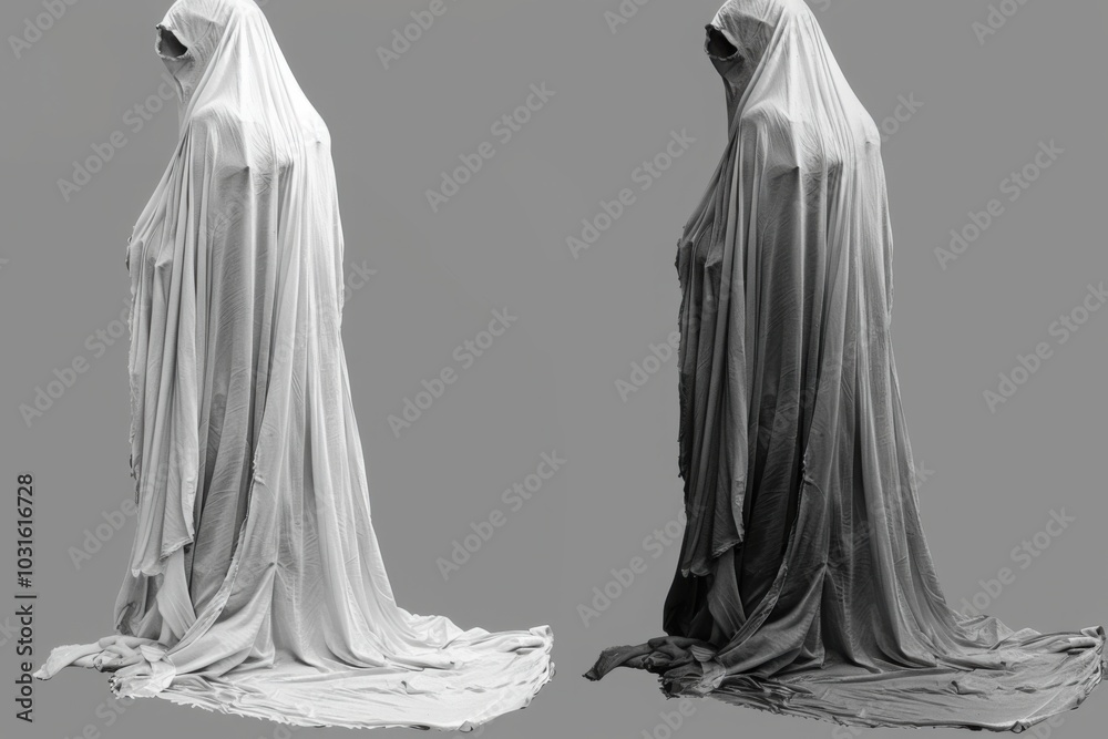 Two ghostly figures shrouded in white and dark robes stand side by side, creating a mysterious and haunting visual. Two ghostly figures shrouded in white and dark robes stand side by side, creating a mysterious and haunting visual.