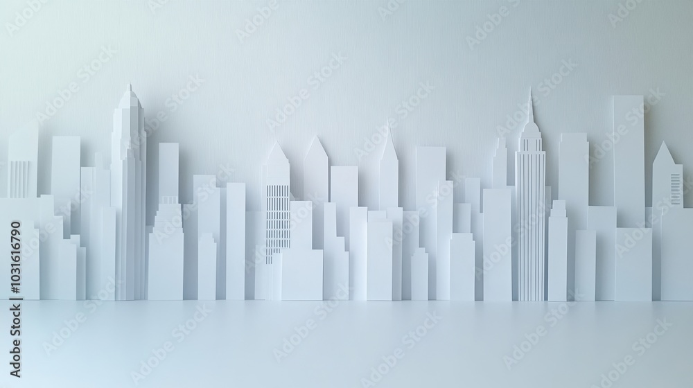 White paper city skyline on a white isolated background. White paper city skyline on a white isolated background.