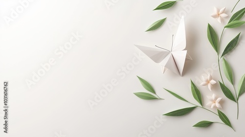 White origami butterfly with fresh green leaves and delicate flowers on a soft background. photo