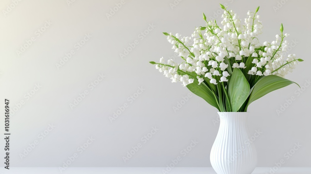 A bouquet of white lily of the valley flowers in a white vase on a white table against a light beige wall. A bouquet of white lily of the valley flowers in a white vase on a white table against a light beige wall.