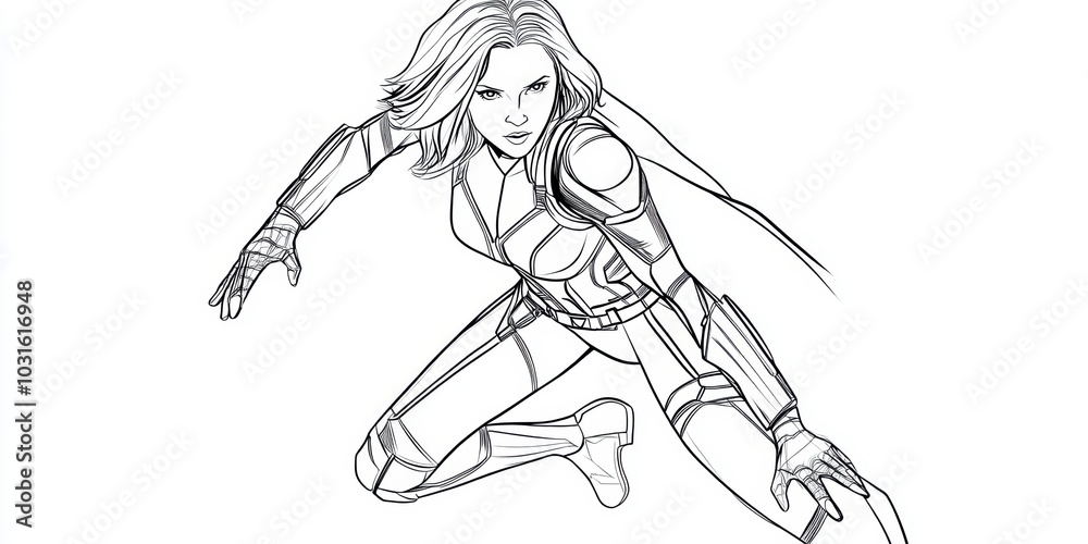 Black and white line art superhero woman. Black and white line art superhero woman.