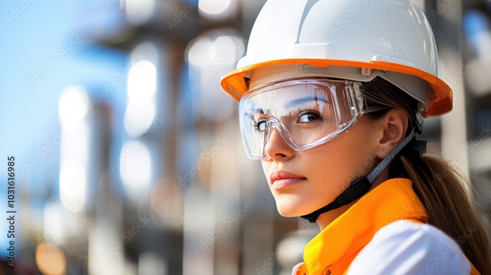 Woman engineer in safety gear with helmet and goggles, working on construction site. Woman engineer in safety gear with helmet and goggles, working on construction site.