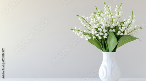 A bouquet of white lily of the valley flowers in a white vase on a white table against a light beige wall.