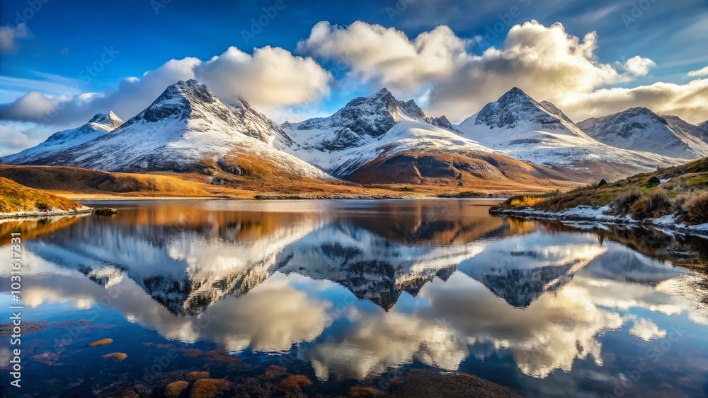 Snow-Covered Mountain Peaks Reflected in Loch Ainort, Isle of Skye - Stunning Aerial View of Scottish Highlands Snow-Covered Mountain Peaks Reflected in Loch Ainort, Isle of Skye - Stunning Aerial View of Scottish Highlands