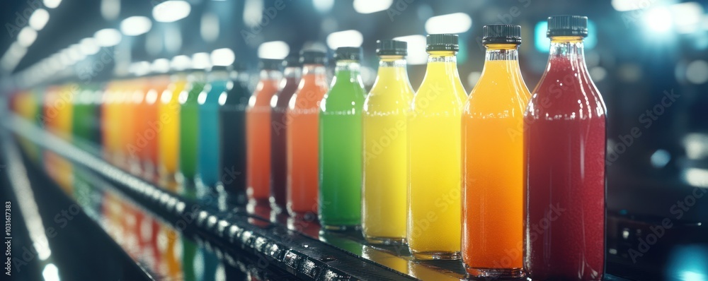 Vibrant Beverage Bottles on a Conveyor Belt in a Modern Factory Setting