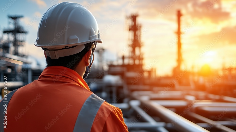 Worker gazing at an industrial site during sunset, showcasing operation and productivity. Worker gazing at an industrial site during sunset, showcasing operation and productivity.