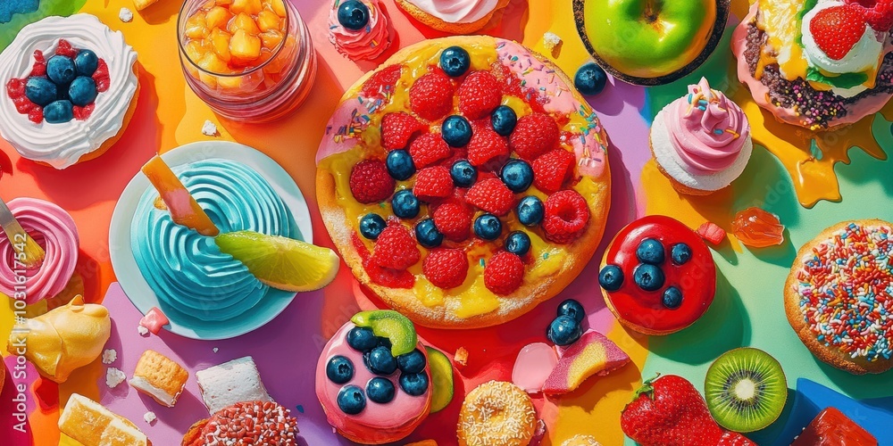 Colorful pastries and fruit on a vibrant background. Colorful pastries and fruit on a vibrant background.