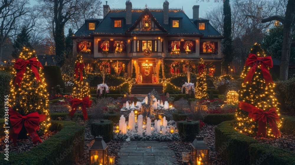 Naklejka premium A large, two-story house with a steep roof is adorned with Christmas lights, garlands, and wreaths.