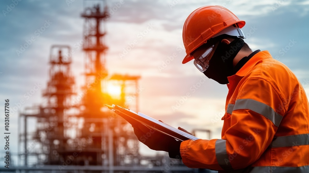 Worker in orange safety gear, inspecting report near industrial facility.