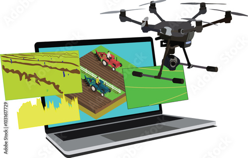 Drone application in laptop isolated on white. Aerial technology concept.