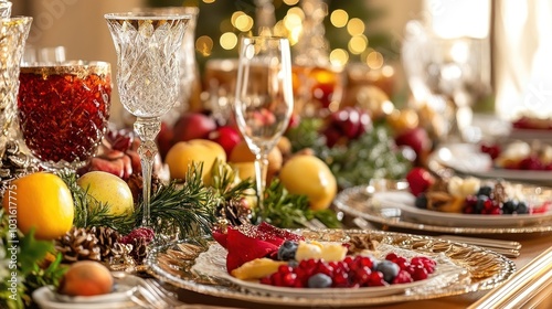 Festive Christmas table setting with gold rimmed plates, crystal glasses, and fruit, close-up of dessert.