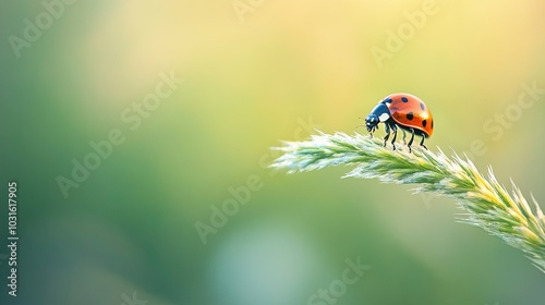 A ladybug sits on a blade of grass with a soft green and yellow background.