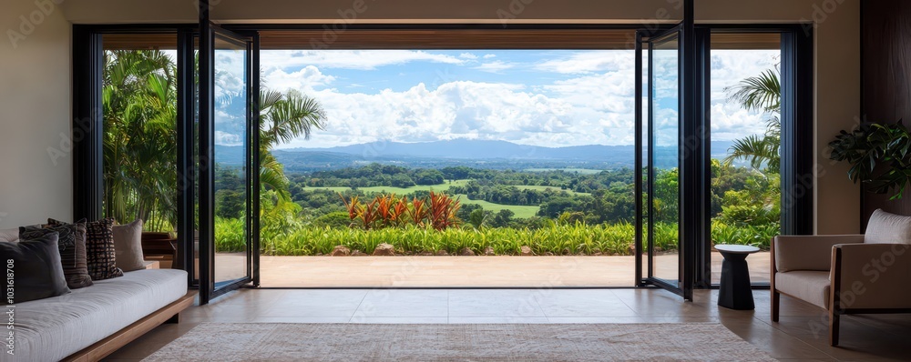 Stylish designer room featuring floor-to-ceiling folding doors with a stunning garden view. Stylish designer room featuring floor-to-ceiling folding doors with a stunning garden view.