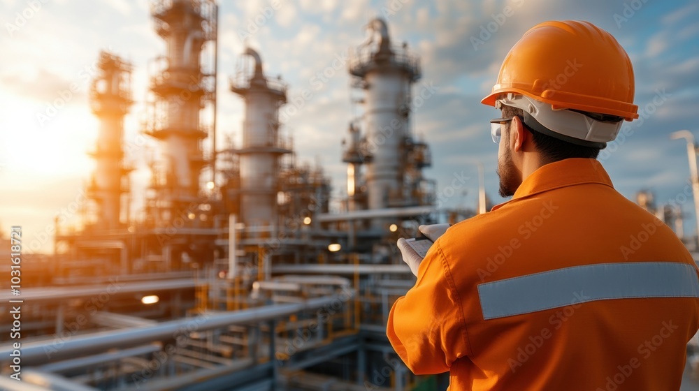 Worker observing industrial plant in safety gear, dusk setting, focused on operations. Worker observing industrial plant in safety gear, dusk setting, focused on operations.