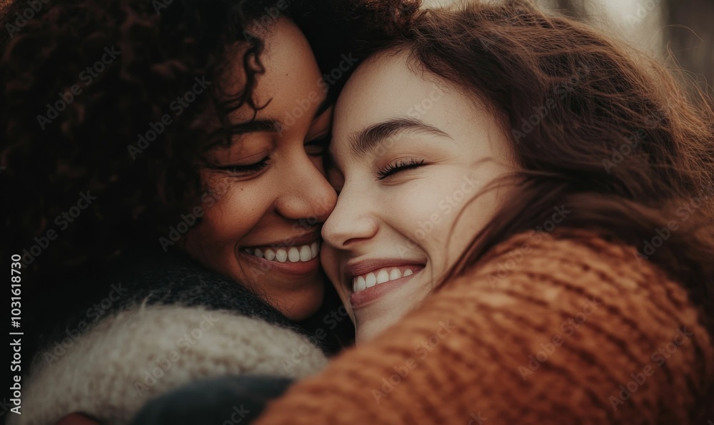 Two women laughing, embracing, close up. Two women laughing, embracing, close up.