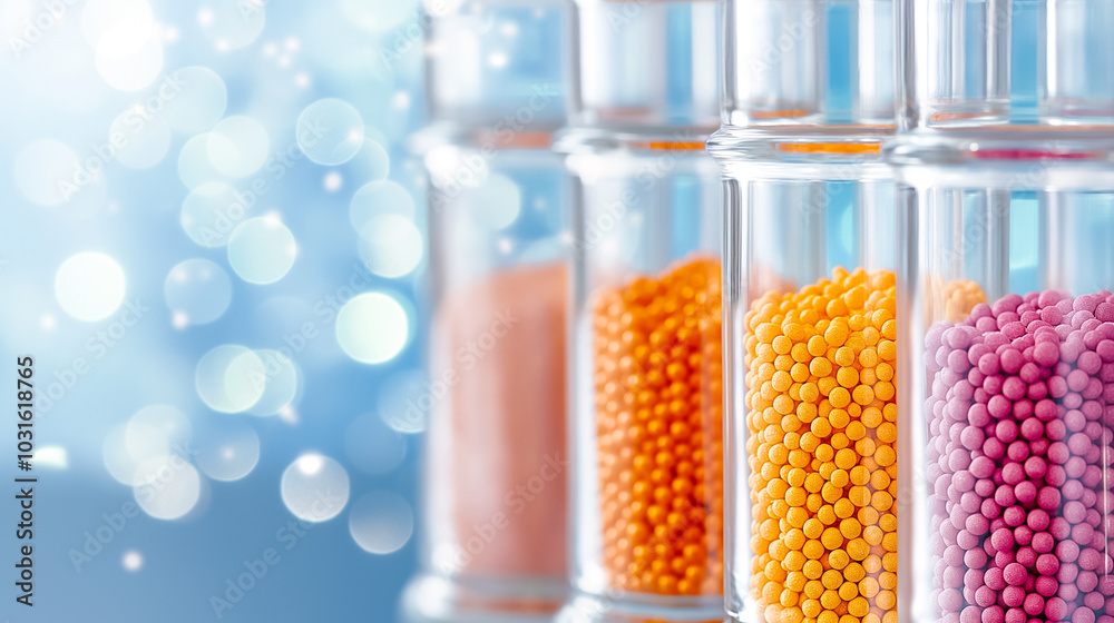 Brightly colored beads in various glass jars are beautifully arranged, glowing softly with light, creating an inviting atmosphere for crafting Brightly colored beads in various glass jars are beautifully arranged, glowing softly with light, creating an inviting atmosphere for crafting