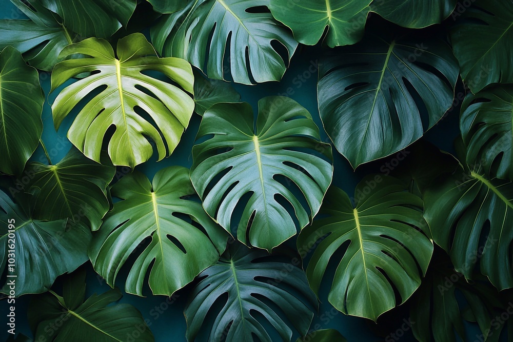 Large, overlapping palm leaves in vibrant greens against a deep teal background, creating a lush, jungle-like feel.
Large, overlapping palm leaves in vibrant greens against a deep teal background, creating a lush, jungle-like feel.