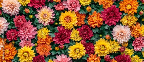 A vibrant display of colorful flowers, featuring various blooms in shades of pink, yellow, and orange, creating a lush and lively garden scene.