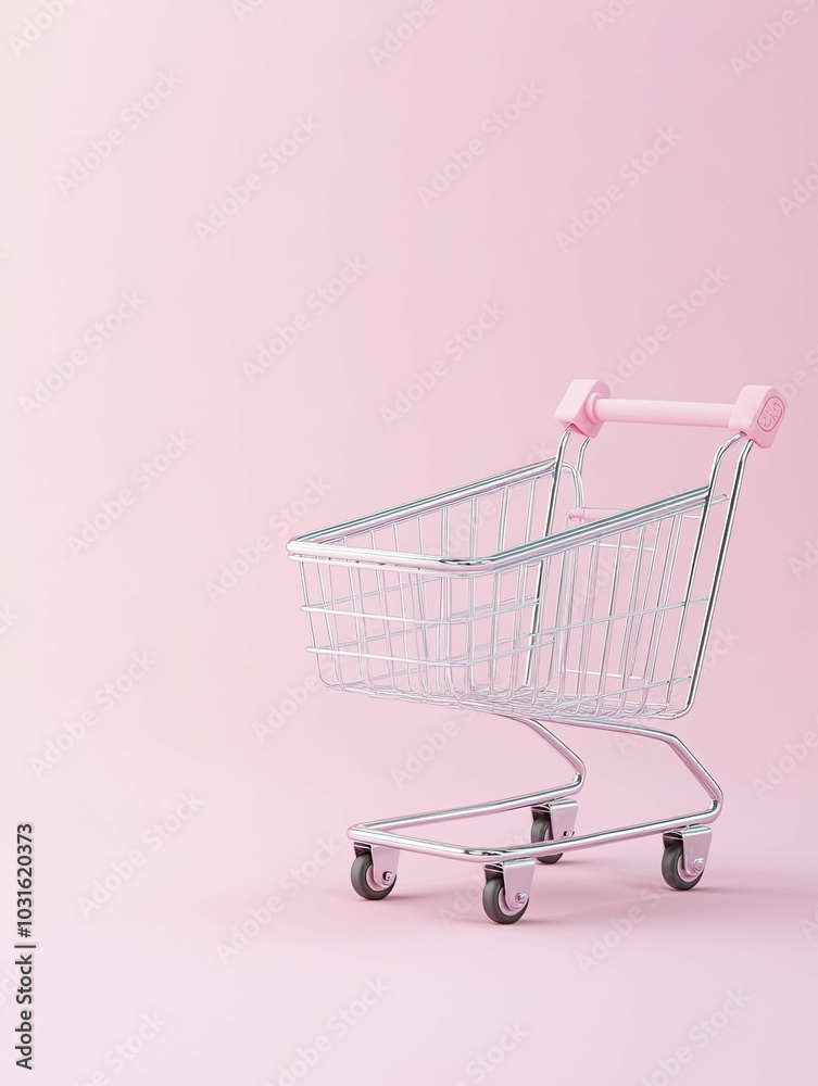 Shopping Cart Against a Soft Pink Background: A Vibrant and Playful Representation of Consumerism and Retail Experience Shopping Cart Against a Soft Pink Background: A Vibrant and Playful Representation of Consumerism and Retail Experience