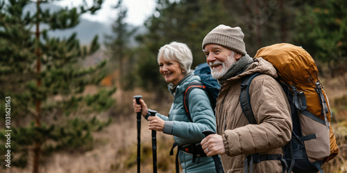 happy senior couple hiking in mountains with trekking sticks and backpacks with copy space