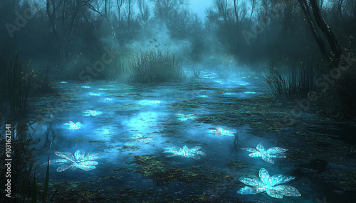 A marshland covered in thick fog made of fine crystal dust. Every step leaves glowing footprints