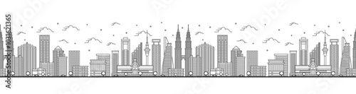 Seamless pattern with Outline Kuala Lumpur Malaysia City Skyline with Modern Buildings Isolated on White. Kuala Lumpur Cityscape with Landmarks.